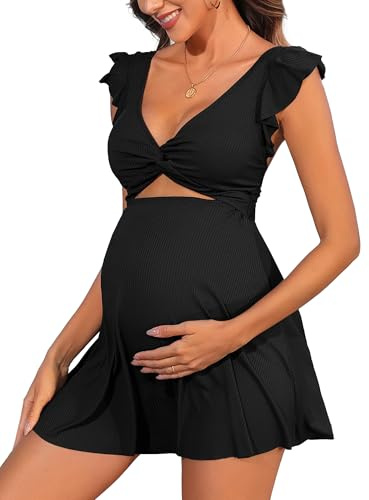 Charmo Ribbed Maternity Bathing Suit V Neck Push up One Piece Pregnancy Swimsuit Ruffle Swimdress for Women Swimwear Black M