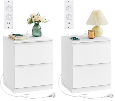 VASAGLE KAILYN Collezione - Comodini con Ciabatta Elettrica, Set di 2 Tavolini, 2 Cassetti, 2 Prese AC, 2 Porte USB-A, Soggiorno Camera da Letto, Moderno, Bianco Nuvola LET821W02