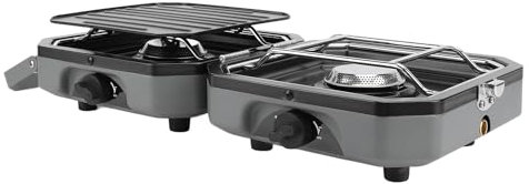 Camping Stove, 2-Low Camping Stove, Collapsible Gas Stove, Camping Adjustable for Outdoor and Indoor Use with 2 Burners and Grill Plate