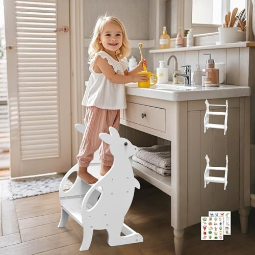 Wooden Toddler Step Stool for Bathroom Sink, Adjustable Height 2 in 1 Kitchen Toddler Stool Helper with Safety Rail Toilet Potty Training Kids Learning Standing Ladder for Kitchen Counter