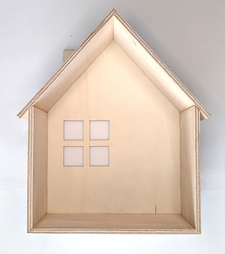Chirpy & Goose Wandregal aus Holz, Hausform, 22 x 26 x 9 cm, Naturholz, bereit für Bastelprojekte