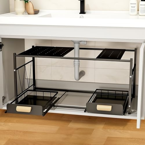 EOJDDPA 3-in-1 Spülschrank Organizer Teleskopschublade (55-80 cm), Schublade Organizer mit Schienensystem, 2 Etagen Ausziehbar, Küchenschrank Organizer für Küche/Bad