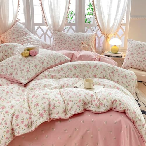 Freyamy Blumen Bettwäsche 135x200 Mädchen Weiß Grün Rosa Floral Aesthetic Bettwäsche Set Blumenmuster Microfaser ÖKO-TEX Bettbezug 1 Deckenbezug mit Reißverschluss und 1 Kissenbezug 80x80cm