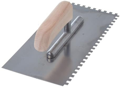 Aqbau® Zahnglättekelle 4x4 mm mit Holzgriff Glättekelle gezahnt Zahnkelle Fliesenkelle Gezahnte Rostfrei Traufel mit Zahnung 270 x 130 mm zum Verlegen von Fliesen