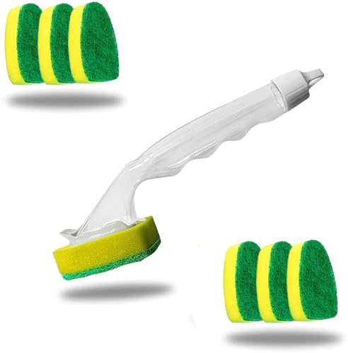 Easyclean 6 x Sponge with Dispensing Non-Scratch and Leakproof Washing Up Heavy Duty Brush Kitchen Scourer Dish Brush & Refill Heads,Ergonomic Handle,Bathroom Scrubbing Kitchen Cleaner