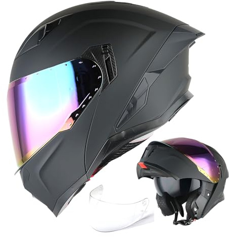1Storm Motorcycle Modular Flip up Dual Visor Helmet Street Bike Sun Shield Full Face KT928: Matt Black + One Extra Clear Shield