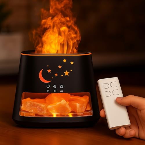 OKYUK Flame Effect Oil Diffuser & Himalayan Salt Lamp, 260ml Ultrasonic Aromatherapy Oil Diffuser with 8 Colour Changing LED & Auto-Off Timer for Bedroom, Office, Home Decor