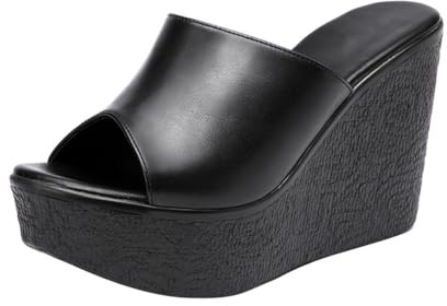 TNMIUH Mules Compensées Femme en Cuir, Plateforme 11 cm, Peep Toe, Été Style Loisirs Sandales Chaussons, Noir et Blanc,Noir,35 EU