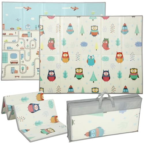 AIYAPLAY Baby Play Mat Double-Sided, Foldable and Waterproof Large Foam Playmat, Reversible Kids Floor Mat for Crawling, Learning and Development, 200L x 150W cm, Car Track and Owl Theme
