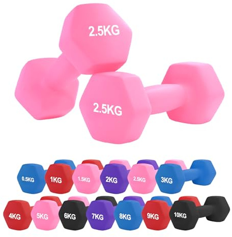 Neoprene Dumbbell – Cast Iron Core Hex Shape Hand Weight with Anti-Slip Grip, Durable Rubber Coating for Strength Training, Home Gym, Fitness & Aerobic Exercise (0.5-10 kg) (2.5Kg Pair-Pink)