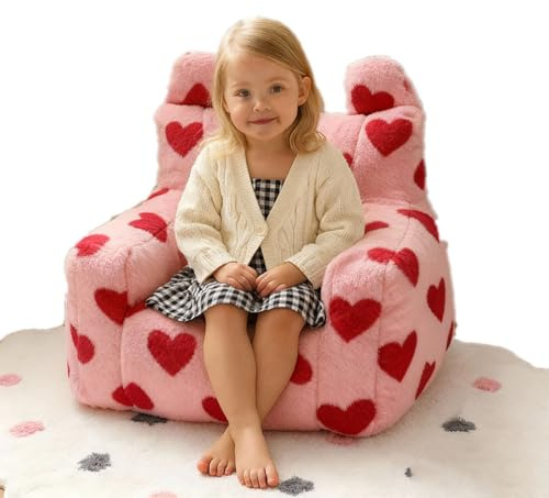 Poltroncina a sacco per bambini con contenitore | Poltrona in pile per bambini con imbottitura inclusa | Rivestimento morbido lavabile in lavatrice (Red hearts)