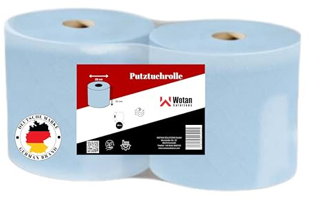 Wotan Premium Putztuchrolle Blau 3-lagig 2er Pack – 1000 Blatt Werkstattpapier FSC-zertifiziert – Extra reißfeste Industrierollen für KFZ, Werkstatt & Gastronomie