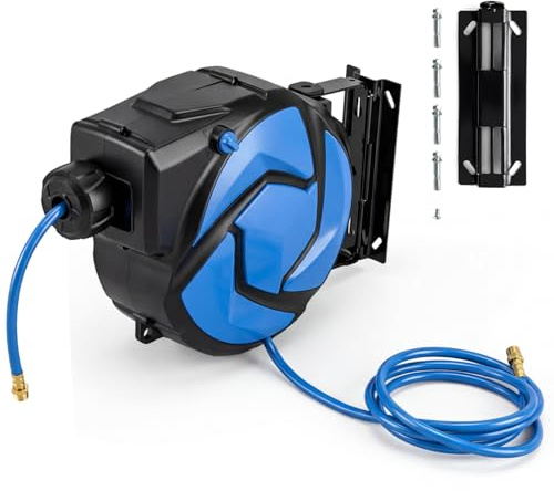 GiantexUK Wall-Mounted Retractable Hose Reel, 14M/ 15M Air Compressor Reel with Automatic Rewind, Locking System & 180° Swivel Bracket, Portable Air Reel (14m + 1.5m, 250 PSI)