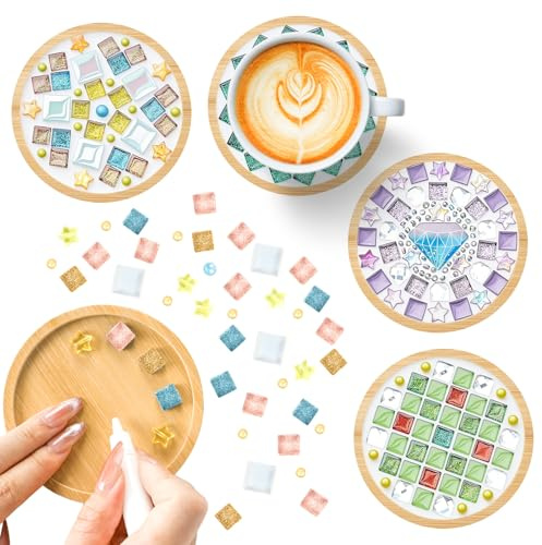 YYTECH 4 Stück Mosaik Untersetzer Bastelset, Mosaik Bastelset Erwachsene, Bambus Untersetzer, Basteln & Diy Dekorative Tablett Weihnachten Geschenk Geburtstagsgeschenk, für Bastelarbeiten