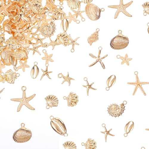 Axafazup 120 Pcs Gold Metal Ocean Charms, Summer Beach Charms for Jewelry Making, Assorted Starfish Seashell Conch Sea Animal Pendants for DIY Bracelet Necklace Earrings Making Crafting