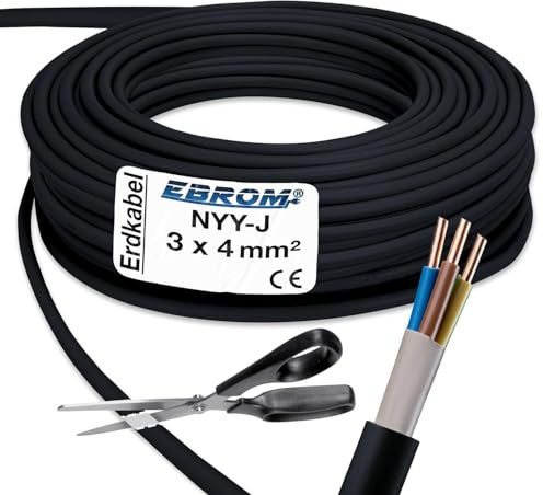 EBROM Erdkabel NYY-J 3x4 mm² Starkstromkabel Erdleitung schwarz - 25 m | 5 m bis 100 m - Elektrokabel zur Verlegung im freien oder im Erdreich - VDE 0276, Teil 603 - Nennspannung: 600/1000V, 3x4 mm2