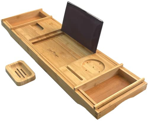 Cabot & Carlyle Luxus Bambus Badewannenablage, Faltbar, Universell, mit Weinglas- und Seifenhalter, Modern, Natur, Erwachsener
