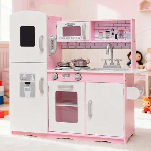GALACTICA Wooden Pretend Play Kitchen Set for Kids – Includes Cooking Utensils & Toys for Boys & Girls – Fun Role Play Game, Gift Idea for Toddlers & Children, Pink (WW-PK-04)