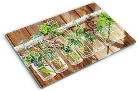 Glasschneidebrett 80x52 cm Antibakteriell Dünn Glasplatte für die Küche Rutschfest Silikonfüße Dekorativ Plastikfrei Gehärtetes Glas Hitzebeständig Lebensmittelecht - Kräuter in Gläsern