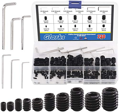 Glarks Juego de 230 tornillos de cabeza hexagonal interna de 10 tamaños de 3/8x1/2 pulgadas – 1/8x3/16 pulgadas, acero de aleación negra clase 12.9 tornillos hexagonales con 6 llaves hexagonales