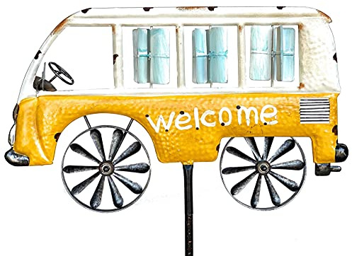 DanDiBo Gartenstecker Metall Bus Auto XL 160 cm Gelb Weiß 96104 Windspiel Willkommen Windrad Wetterfest Gartendeko Gartenstab Bodenstecker Mini Van