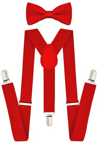 trilece Red Suspenders and Bowtie Set for Boys, Kids, Girls, Toddlers, Baby,Adjustable Elastic 1 inch Wide Y Shape,Heavy Duty Strong Clips (5 Months to 6 Years, Red)