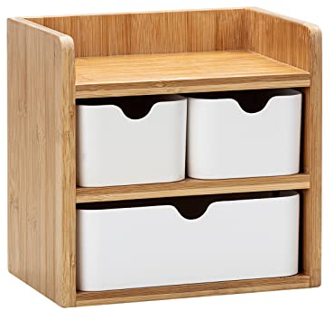 Schreibtisch Organizer - Weiß - Holz - Bambus - Make Up Kosmetik Aufbewahrungsbox - Schubladenbox - Deko - HBT: 20x20x14 - Multifunktional - 1 Ablage, 3 Schubladen - Büro, Bad und Haushalt