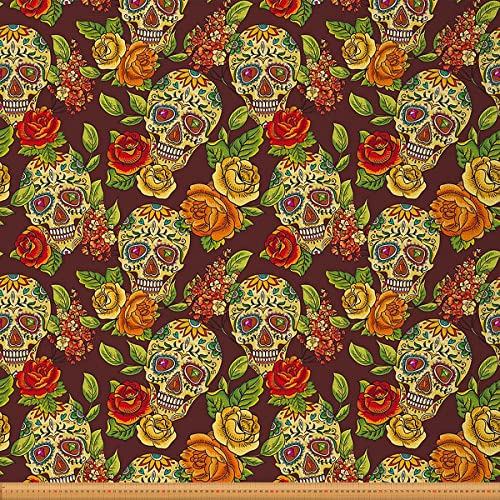 Sugar Skull Fabric Meterware Halloween Retro Floral Leaves Polsterstoff Autumn Rose Flower Dekostoff Mandala Drinnen Draußen Fabric DIY Kunst Waterproof Fabric Orange Green 920 x 150 (HxB)