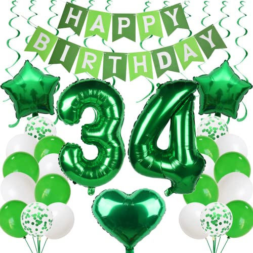 34. Geburtstag Luftballons Grün - Deko Set für Männer und Frauen - 34 Jahre Feier Dekoration Party
