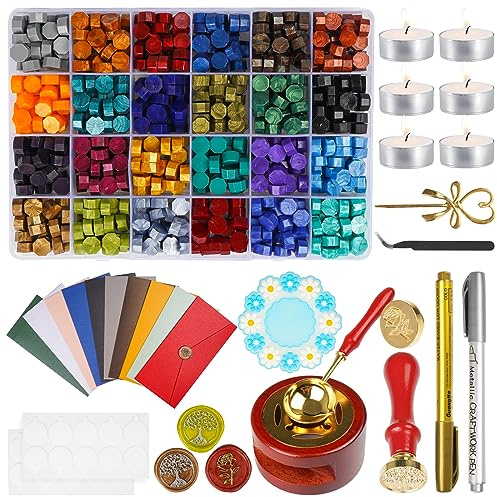 MITCTER 24 Couleurs Kit de Cire à Cacheter, 630 Perles de Sceau Cire Kit avec 10 Accessoires pour Lettres, Cartes Invitation, Cartes, Coffrets Cadeaux-C (G)
