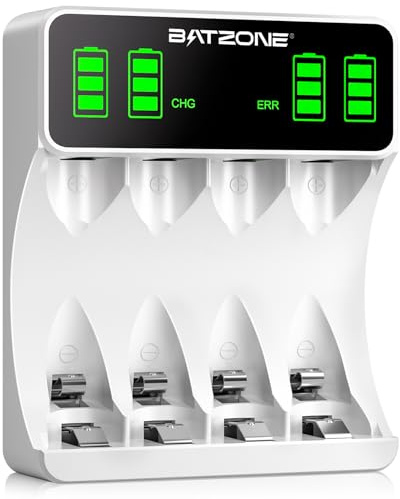BATZONE Akku Ladegerät, AA/AAA Ladegerät mit Großer LCD Anzeige, 4-Ladeplatz Universal Schnell Akkuladegerät, für NI-MH NI-CD AA/AAA Akkus, für wiederaufladbare Mignon AA und Micro AAA