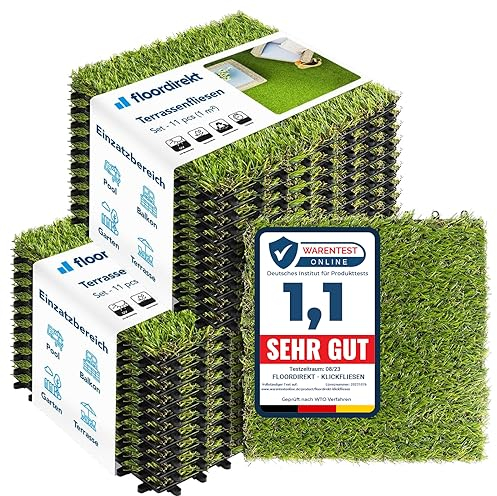 Floordirekt Rasen Klickfliesen 30x30 cm, 2m² = 22 Terrassenfliesen, Balkonfliesen - Bodenbelag für Balkon & Terrasse - wetterfest mit Drainagefunktion | Grass