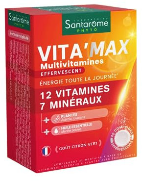 Santarome Bio - Vita'max Multivitamines Effervescent - 12 Vitamines & 7 Minéraux, Guarana - Complément alimentaire Tonus et Vitalité - 20 comprimés