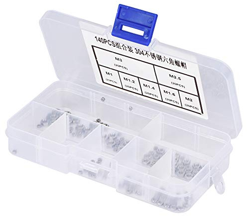 Uadme Muttern-Sortiment-Set, 140 Stück M1/M1,2/M1,4/M1,6/M2/M2,5/M3 Edelstahl-Sechskantmutter-Gewindewerkzeug