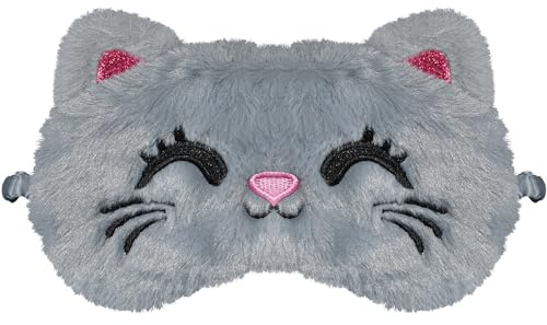 FUNAUPGO Niedliche Katze Augenmaske, Süße Tier Lustige Schlafmaske Weich Plüsch Augenbinde Reise Schlafbrille Augen Abdeckung für Kinder Erwachsene Mädchen Jungen Mädchen Damen (Katze, Grau)