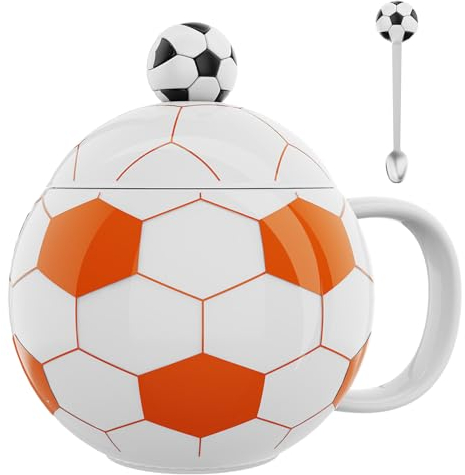 ZONSUSE Lustige Fußball Kaffeetasse,Fussball Keramik Becher,Fußballform Cappuccino Tassen, mit Deckel und Löffel, Fußball Geschenke für Männer Fußballfan Jungs Mädchen Geburtstag 400ml (Orange)