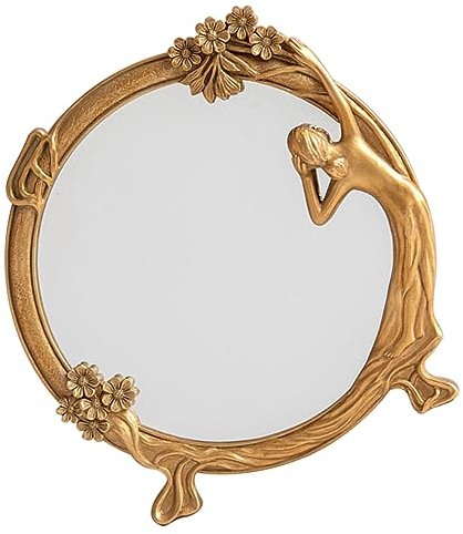 DOITOOL Spiegel Vintage Gold Ovale Schminkspiegel mit Beleuchtung Resin Silber Spiegel mit Klarer Oberfläche und Relief Ornament Design für Schlafzimmer und Schreibtisch