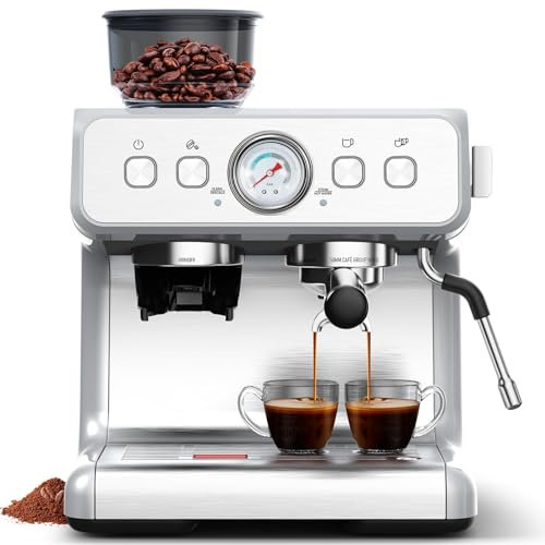 Joy Pebble - Máquina de café expreso, 15 bares profesional con molinillo de frijoles de café, espumador de leche, máquina de café para café expreso, capuchino/latte, taza individual y doble, acero
