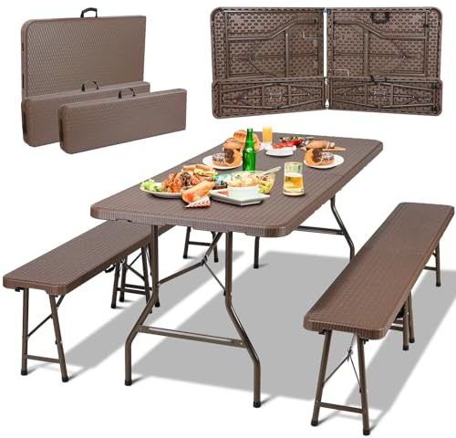 Bierzeltgarnitur Klappbar 3-teilig pcs1 Biertisch & 2pcs Bierbank Klappbar,Festzeltgarnitur Biertischgarnitur 180cm mit Tragegriff,Gartenmöbel Set Wetterfest,Campingtisch Outdoor & Indoor,Rattan-Optik