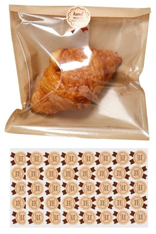 100Pcs Kraft Paper Sandwich Bags Reusable Food Lunch Bags Heat Sealable Toast Packs with Front Clear Cellophane Paper Window to Display Sweets Cookies Snacks Baking Packaging with Stickers (20 x 15cm)