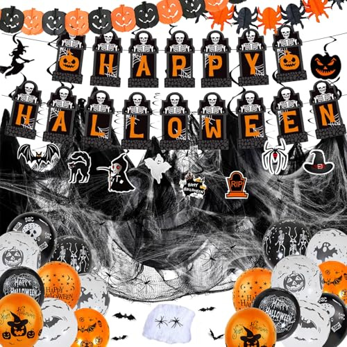 Ligtmor Halloween Deko Set - Grusel Girlande, Kürbisse und Spinnen Wimpelgirlande, Spinnennetz Dekoration, Latex Ballons - Innen Dekoration