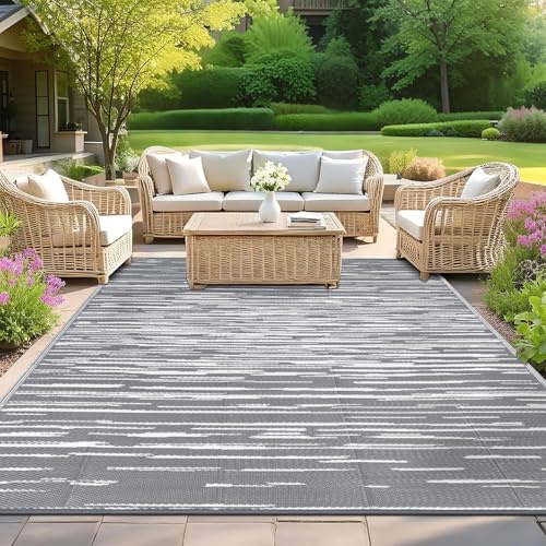 SHACOS Outdoor Rugs for Patios Waterproof 150 x 240 cm Reversible Plastic Straw Rug Garden Rug UV Resistant Outdoor Camping Mat for RV, Backyard, Picnic, Balcony, Deck, Grey