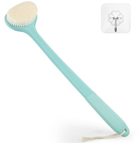 VANZAVANZU Brosse à récurer pour le dos de la douche, du bain avec poignée antidérapante de 43,2 cm de long, brosse humide et sèche, brosse pour le corps, brosse pour le dos pour homme et femme, bleu