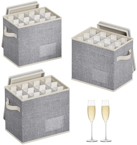 Lifewit 3 Pcs Champagne Flute Storage Box with Dividers, Stackable Cationic Hard Shell Stemware Organizer with 36 Cells, Foldable Dustproof China Containers for Moving, Light Grey
