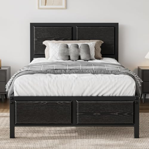 VECELO Bettgestell 90 x 200 cm, Metallbett mit Dick Holzkopfteil und Lattenrost, Modern Gästebett Jugendbett mit Stauraum Unter Dem Bett, Perfekt für Schlafzimmer, Schwarz