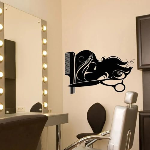 Adesivo da Parete con Logo del Barbiere, Design per Acconciature, Forbici per Taglio di Capelli, Pettine, Decorazione d'interni, Carta da Parati in Vinile, Adesivi 57x86cm