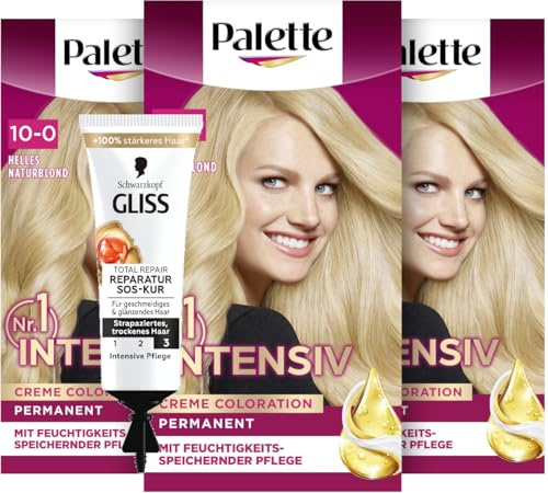 Palette Intensiv Creme Coloration 10-0/200 Helles Naturblond (3x 115 ml), permanente Haarfarbe für leuchtende, langanhaltende Farbbrillanz & SOS-Intensiv-Kur Total Repair (15 ml), Haarkur