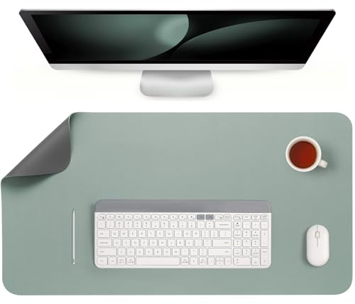 Jumdast Schreibtischunterlage, Doppelseitige Rutschfeste Tischunterlage Multifunktionales Office Mousepad Laptop Schreibunterlage Kunstleder Schreibtischmatte(Grau Salbeigrün,90 x 43 cm)