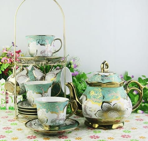 Service à thé en porcelaine pour 6 personnes, service à thé européen, théière de style vintage britannique, tasses à thé et soucoupes, avec bordure dorée et support métallique, service à thé raffiné