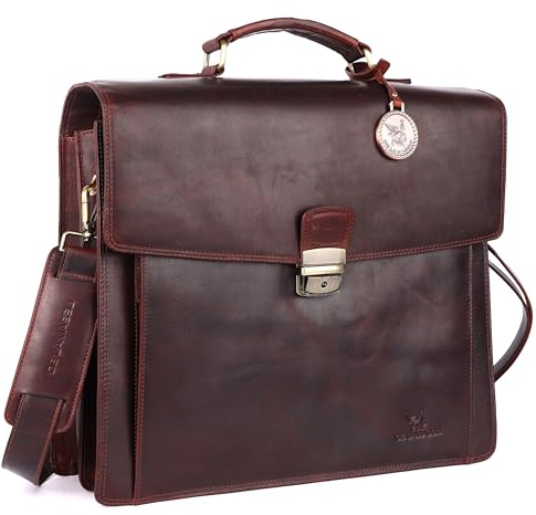 DE LAMASSU Axel Leather Briefcase - 17 Inch Laptop Bag Men Women - Business Work Bag with Combination Lock - Shoulder Bag with Trolley Strap - Gift Packaging, brown, 40cm x 35cm x 15cm